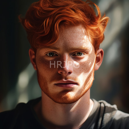 High Resolution: Attractive young man with vibrant red hair freckles green eyes and gray hoodie gazes directly under soft sunlight download. | HRJPG.com