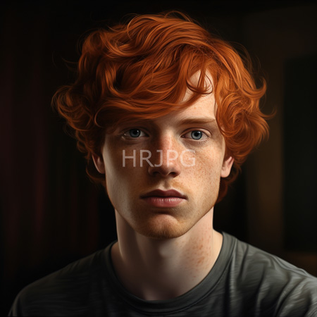 High Resolution: Young Caucasian man with striking red wavy hair blue eyes freckles wears gray shirt against dark backdrop neutral expression download. | HRJPG.com