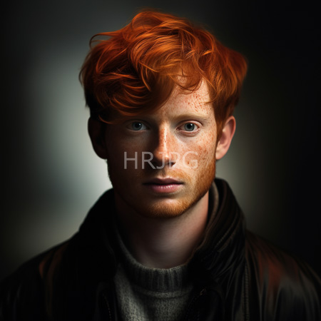 High Resolution: Young man with red hair freckles green eyes in black leather jacket over turtleneck stares seriously into camera download. | HRJPG.com