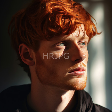 High Resolution: Red haired bearded man with freckles gazes thoughtfully right under soft sunlight wearing black shirt blurred background download. | HRJPG.com