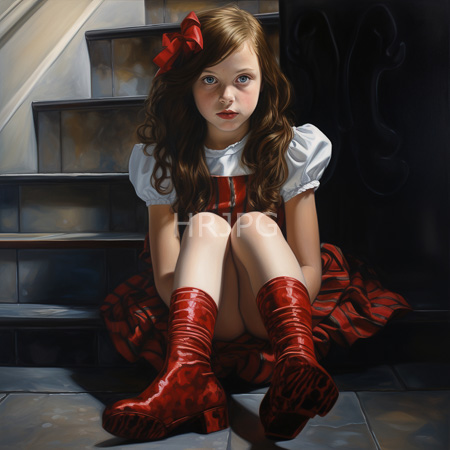 High Resolution: Innocent young girl with long brown hair blue eyes red boots sits on dark stairs in dim light wearing plaid dress download. | HRJPG.com