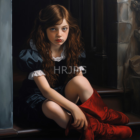 High Resolution: Young girl with wavy brown hair fair skin navy dress red boots sits pensively on wooden steps in soft shadow download. | HRJPG.com