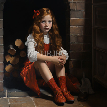 High Resolution: Red haired girl in bright red pinafore and white blouse sits before brick fireplace with wood logs and shelves download. | HRJPG.com