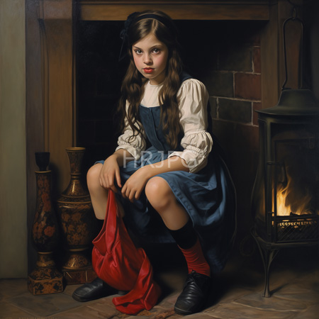 High Resolution: Young girl in blue pinafore white blouse orange socks squats by fireplace holding red cloth on wooden floor download. | HRJPG.com