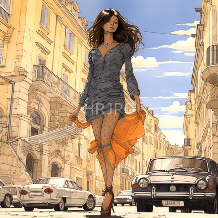 High Resolution: Elegant woman in blue textured dress orange polka dot stockings black heels lifts skirt on sunlit European street with yellow buildings download. | HRJPG.com