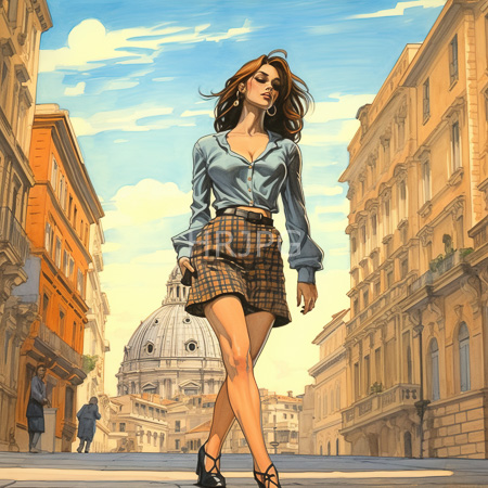 High Resolution: Confident brown haired woman in light blue V neck blouse high waisted pants walks sunlit European street under clear sky download. | HRJPG.com