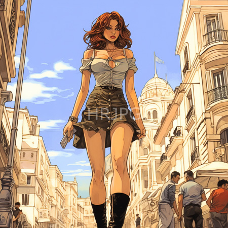 High Resolution: Curvy red haired woman in off shoulder white blouse stands confidently on sunny European street lined with ornate buildings download. | HRJPG.com
