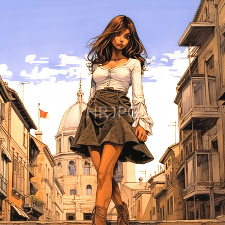 High Resolution: Young woman in white blouse green polka dot skirt strappy sandals walks down sunlit old street with tan skin and long hair download. | HRJPG.com