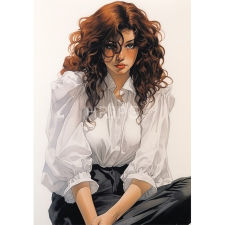 High Resolution: Attractive woman with wavy dark brown hair sits against white background in loose white shirt black pants calm expression download. | HRJPG.com