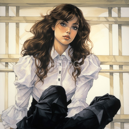 High Resolution: Young woman with long brown hair blue eyes in white puffed sleeve blouse black pants sits calmly behind wooden bars download. | HRJPG.com