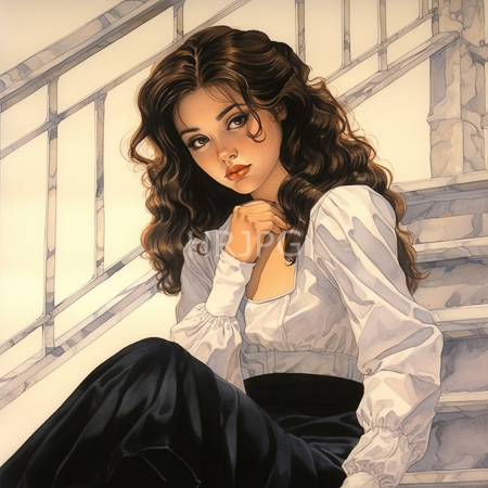 High Resolution: Woman with wavy brown hair sits on marble stairs in white blouse black pants hand near chin gazing thoughtfully download. | HRJPG.com
