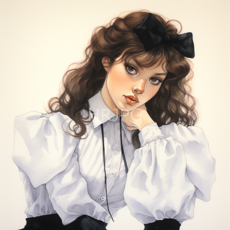 High Resolution: Ethereal young woman with large black bow wavy brown hair puffed white blouse touches cheek gently on beige backdrop download. | HRJPG.com