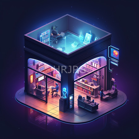 High Resolution: Futuristic library pod glows with neon blue pink lights floating in space filled with colorful books and research stations download. | HRJPG.com