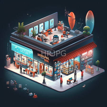 High Resolution: Isometric night cafe with neon signs USTART and MISSPAN SOA potted plants string lights warm interior glow download. | HRJPG.com