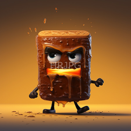 High Resolution: Angry anthropomorphic chocolate bar with clenched teeth dripping caramel texture fists raised on brown gradient background download. | HRJPG.com