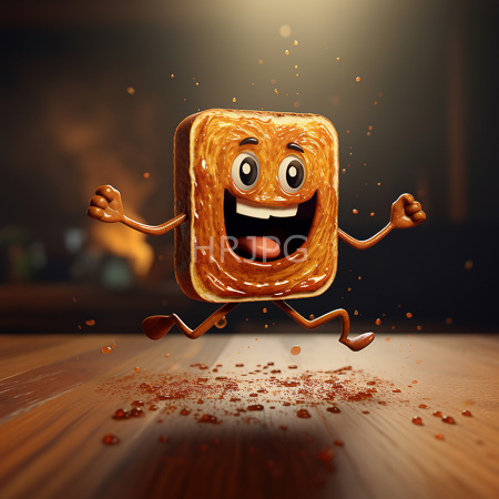 High Resolution: Excited golden toast with syrup patterns wide mouth raised arms kicking crumbs in warm light against blur download. | HRJPG.com