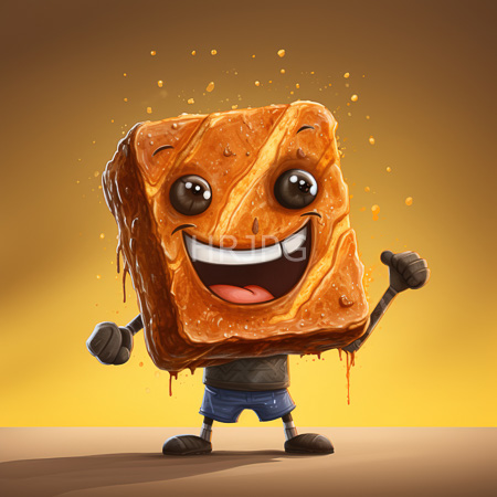 High Resolution: Caramel square with big eyes blue shorts victory pose raised fist on yellow gradient background smiling broadly download. | HRJPG.com