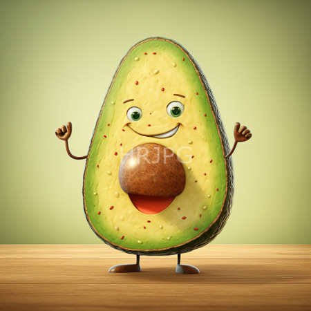 High Resolution: Smiling anthropomorphic avocado with green yellow skin brown seed mouth large eyes raised arms on wooden surface download. | HRJPG.com