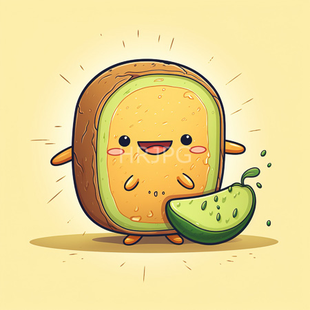 High Resolution: Joyful bread slice character with yellow green filling holds half watermelon beside it on pale yellow backdrop download. | HRJPG.com