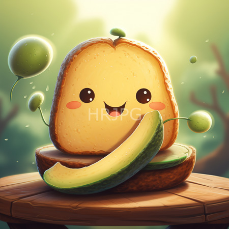 High Resolution: Adorable bread slice with black eyes blushing cheeks green sprout arms holds floating balls near sliced avocado download. | HRJPG.com