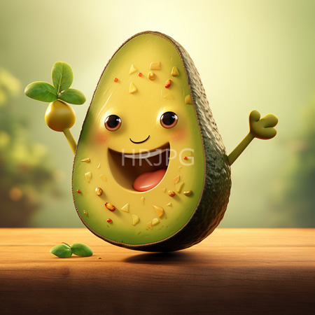 High Resolution: Happy anthropomorphic avocado with blushing cheeks raised arms holding leaves smiles widely on wooden surface green blur download. | HRJPG.com