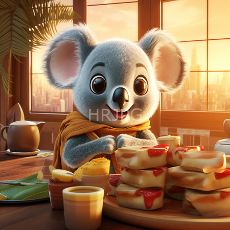 High Resolution: Fluffy gray koala with large eyes yellow scarf eats jam topped pancakes in sunlit room on wooden table download. | HRJPG.com