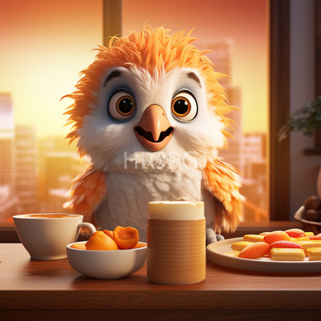 High Resolution: Adorable fluffy orange and white bird with big round eyes smiling warmly at a wooden table during sunset in front of city skyscrapers download. | HRJPG.com