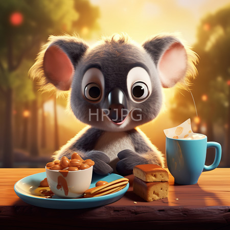 High Resolution: Cute cartoon koala with large eyes and gray fur sits at a wooden table eating honey cookies and bread in a forest download. | HRJPG.com