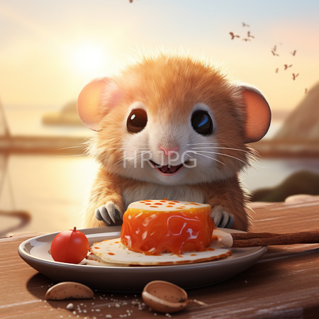 High Resolution: Adorable fluffy brown hamster with large black eyes enjoys orange jelly on toast by water's edge at sunset download. | HRJPG.com