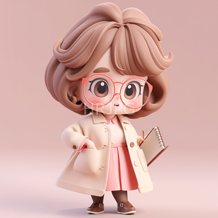 High Resolution: Adorable chibi-style woman with large pink glasses voluminous brown hair and beige lab coat holds a spiral notebook download. | HRJPG.com