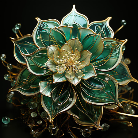 High Resolution: Intricately detailed stylized flower with teal and gold leaves resembling stained glass petals on dark background download. | HRJPG.com