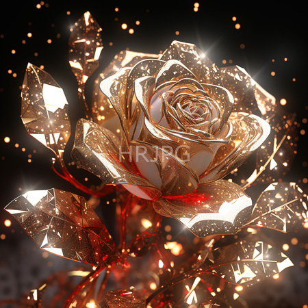 High Resolution: Shiny gold rose with reflective petals and leaves that sparkle like diamonds against a dark background download. | HRJPG.com