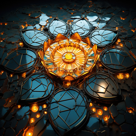 High Resolution: Intricate glowing golden lotus flower with radiating petals floating on dark blue water with reflective patterns download. | HRJPG.com