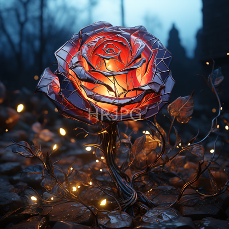 High Resolution: Illuminated stained-glass rose sculpture with vibrant red and orange hues surrounded by glowing fairy lights download. | HRJPG.com