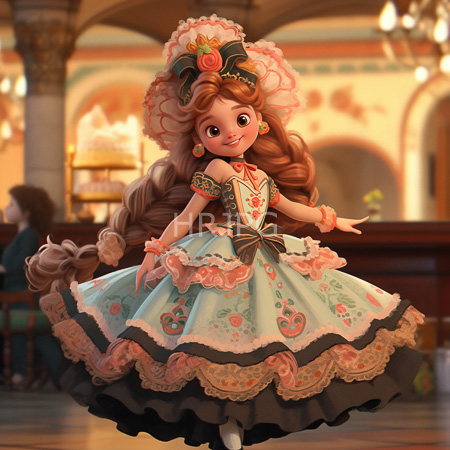 High Resolution: Animated young girl with large brown eyes and long braided hair in elaborate pastel blue Victorian-style dress download. | HRJPG.com