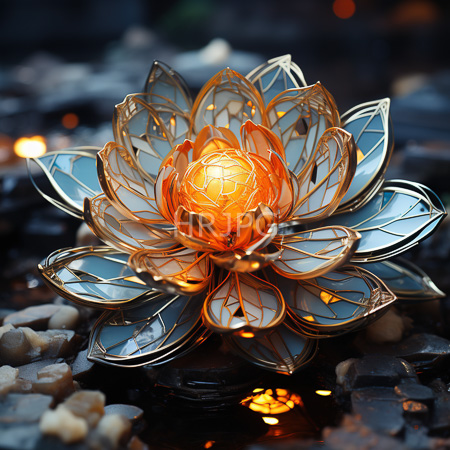 High Resolution: Illuminated glass lotus lantern with golden edges and translucent petals glowing orange on dark pebbles in water download. | HRJPG.com