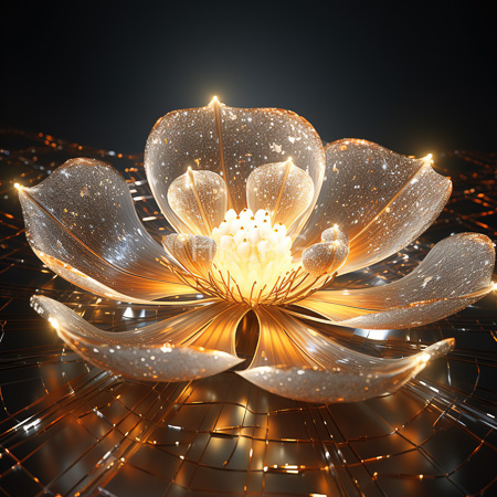 High Resolution: Ethereal glowing flower with translucent petals illuminated by golden sparkles and soft light reflections against dark background download. | HRJPG.com