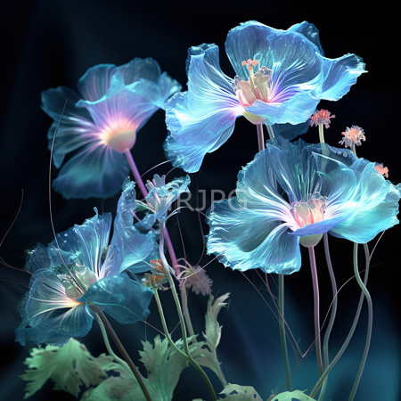 High Resolution: Ethereal translucent blue flowers with glowing pink centers and delicate white veins against a dark background download. | HRJPG.com