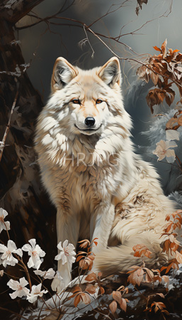 High Resolution: Elegant fluffy white wolf with golden eyes sitting amidst blooming cherry blossoms and autumn leaves in soft light download. | HRJPG.com