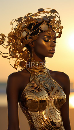 High Resolution: African woman with dark skin wears intricate golden headwear and metallic top with eyes closed against sunset beach download. | HRJPG.com