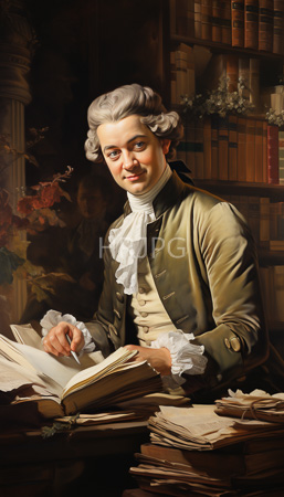 High Resolution: Painting of an eighteenth-century gentleman with powdered hair sitting at his desk in a dim-lit library download. | HRJPG.com