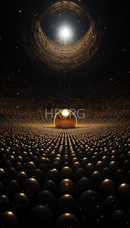 High Resolution: Abstract cosmic scene with numerous dark golden spheres converging toward a glowing sphere under a circular ring download. | HRJPG.com