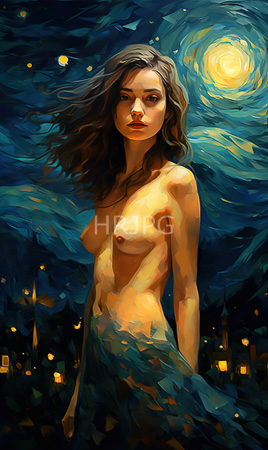 High Resolution: Topless slender woman with light brown skin stands in dark blue night sky under swirling yellow moonlight download. | HRJPG.com