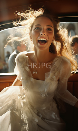 High Resolution: Excited light-skinned woman with long blonde hair in motion inside a vintage bus or train carriage wears a white dress download. | HRJPG.com