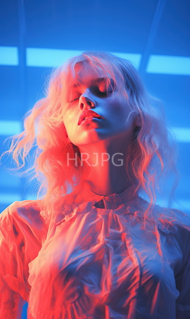 High Resolution: Androgynous person with wavy platinum blonde hair illuminated by red-orange and blue-purple light wearing a white blouse download. | HRJPG.com