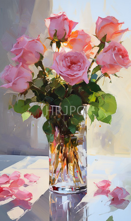 High Resolution: Pink roses in clear glass vase with green leaves sunlight casting soft shadows on a reflective surface download. | HRJPG.com