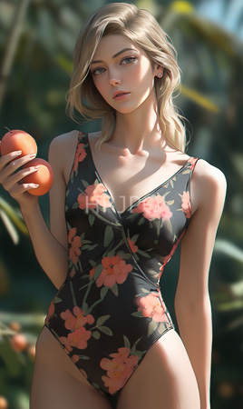 High Resolution: Attractive young blonde woman with fair skin wearing a black floral one-piece swimsuit holds two red apples download. | HRJPG.com