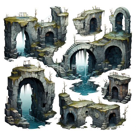 High Resolution: Six ancient weathered stone arches with moss-covered tops and small pools beneath them reflecting blue hues download. | HRJPG.com