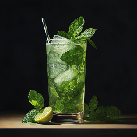 High Resolution: Elegant tall glass filled with green mint leaves and ice cubes contains clear liquid topped by fresh sprigs download. | HRJPG.com