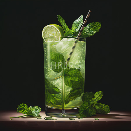 High Resolution: Elegant tall glass with mint leaves ice cubes and clear liquid garnished with a fresh lime slice and striped straw download. | HRJPG.com